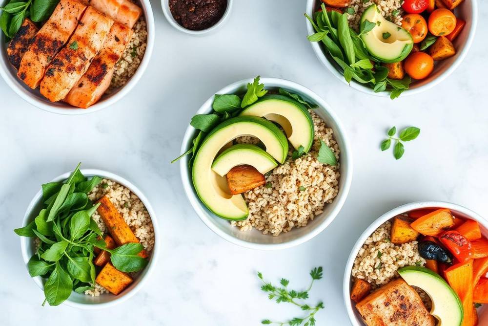 Colorful healthy meal prep bowls with salmon, quinoa, avocado and fresh vegetables